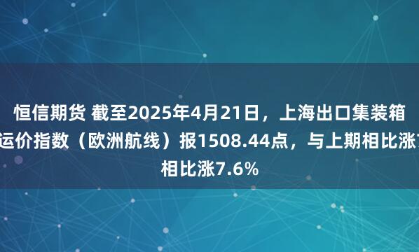 恒信期货 截至2025年4月21日，上海出口集装箱结算运价指数（欧洲航线）报1508.44点，与上期相比涨7.6%